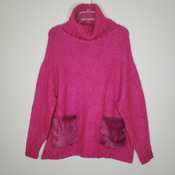 Zara Pink Oversized Ribbed Faux Fur Turtleneck Alpaca Knit Sweater - Picture 5 of 11